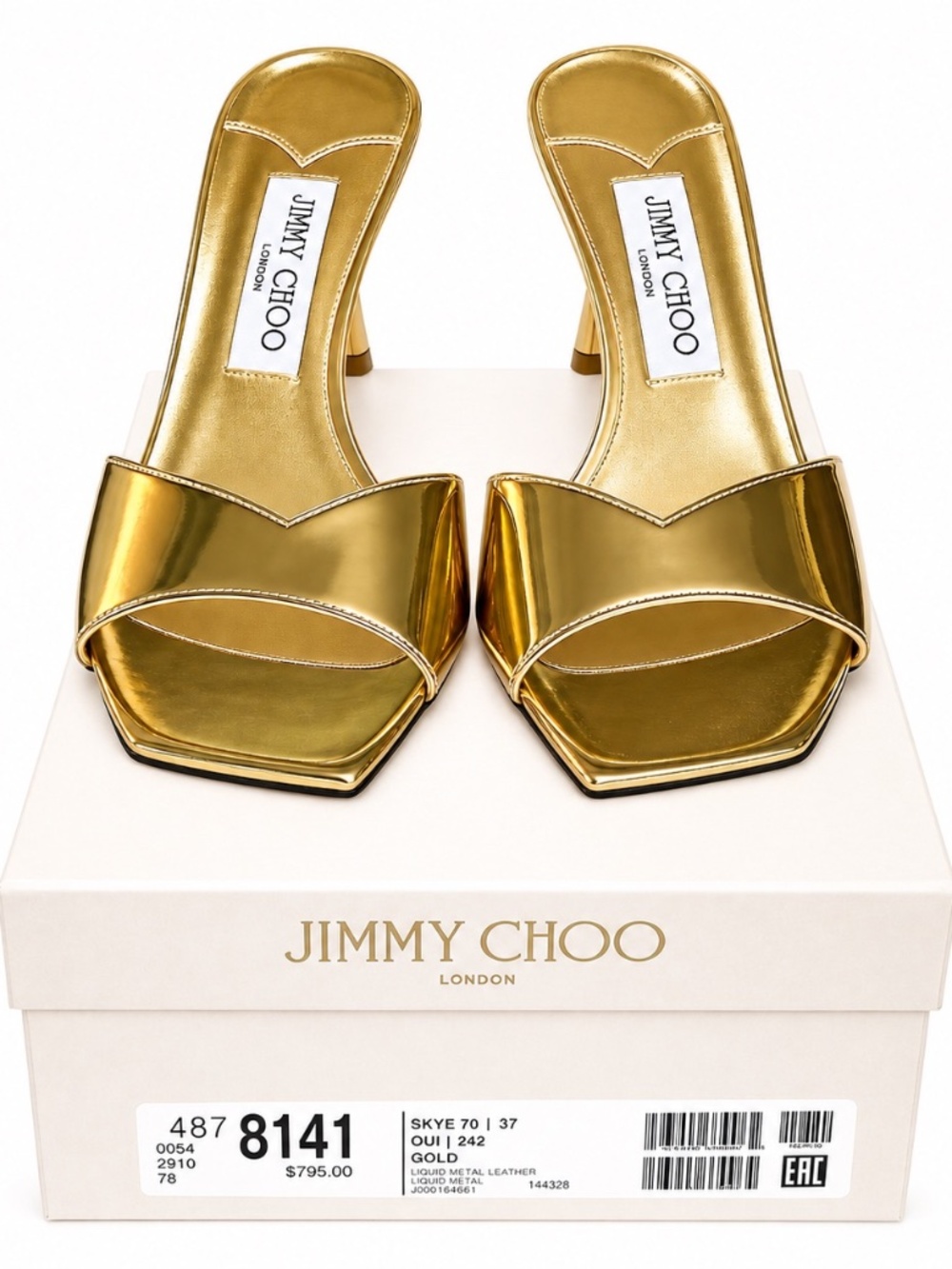 Jimmy Choo Skye 70 Metallic Gold Leather Mules - Size 37 NEW